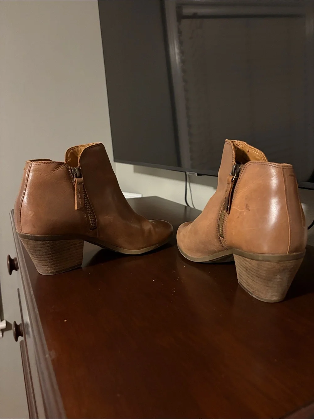 Frye Tan Leather Ankle Booties with Stacked Heel and Side Zip
